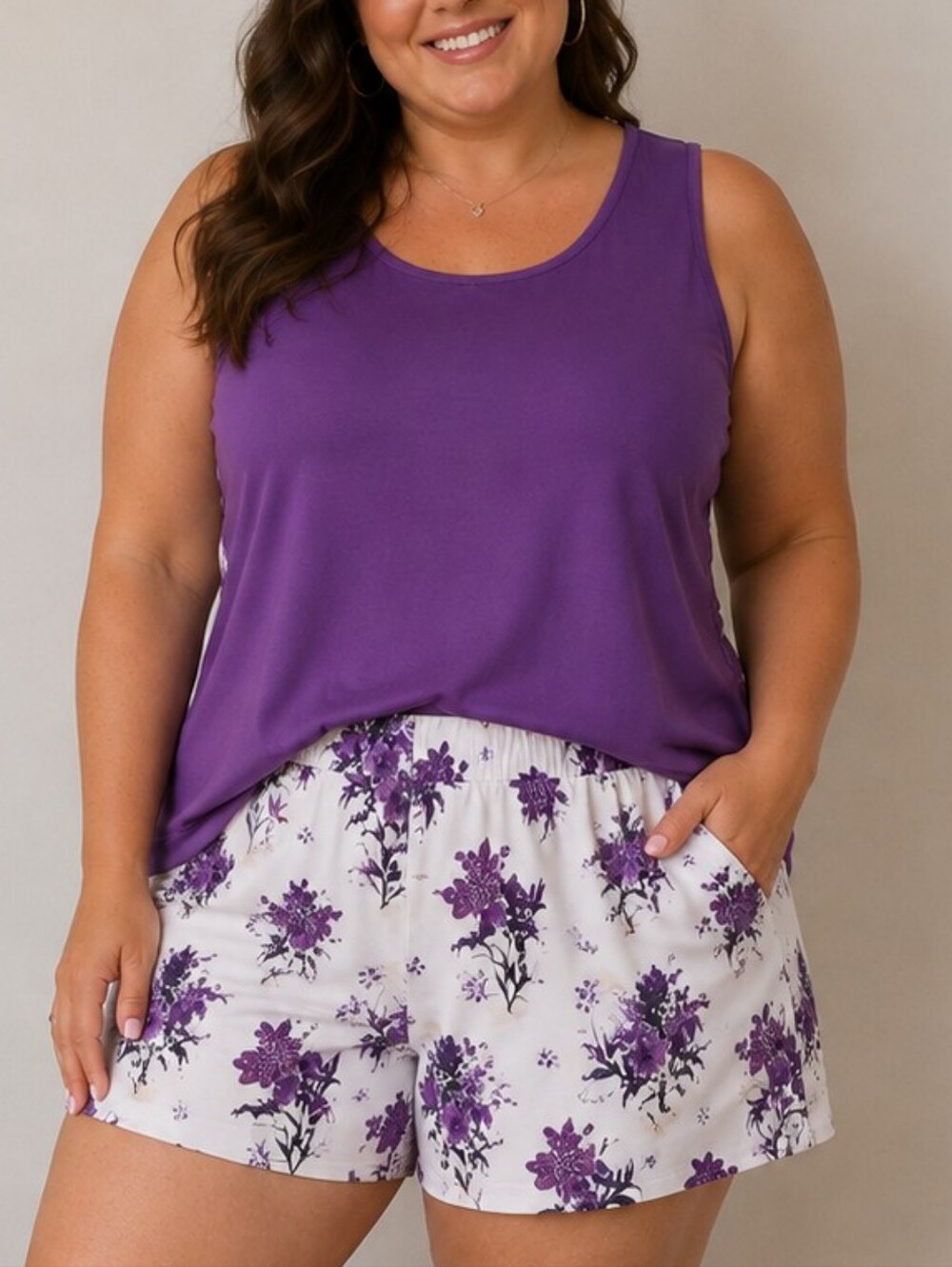 Purple Floral Tank & Shorts Two Piece Set